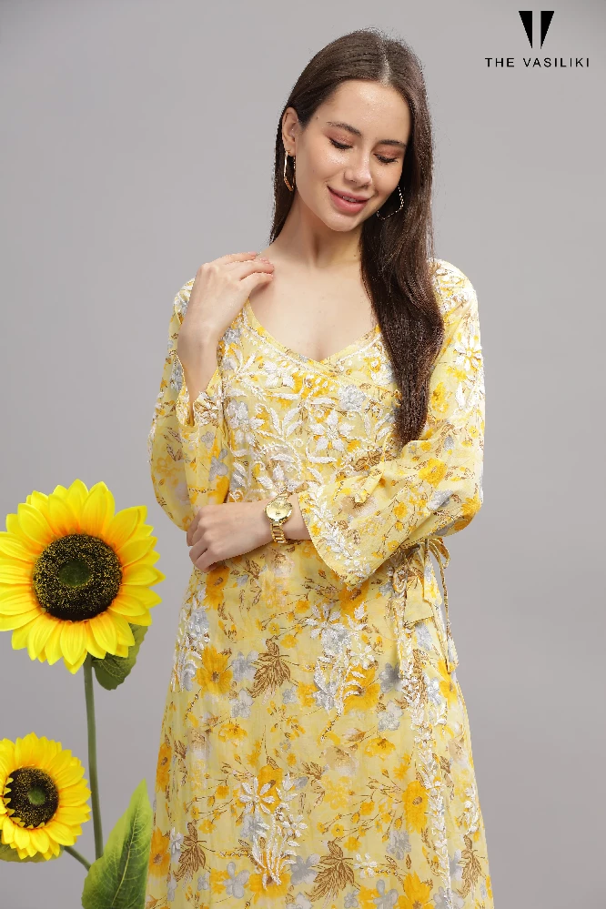 Flowery Yellow Mulmul Cotton Anarkali Gown with White Chikankari Embroidery-2.webp